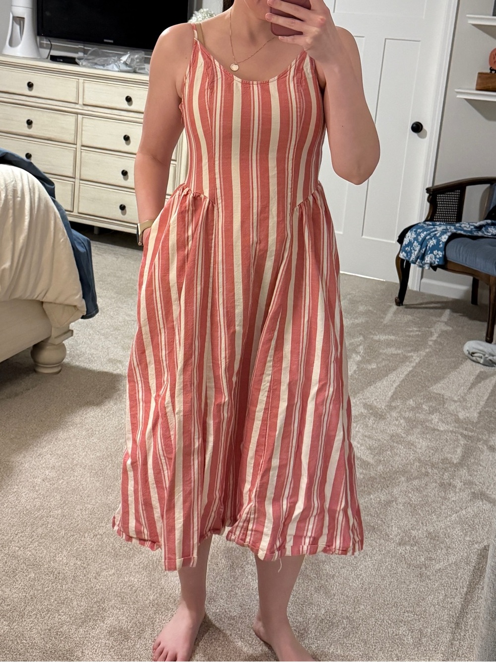 a new day Coral and White Striped Midi Sundress